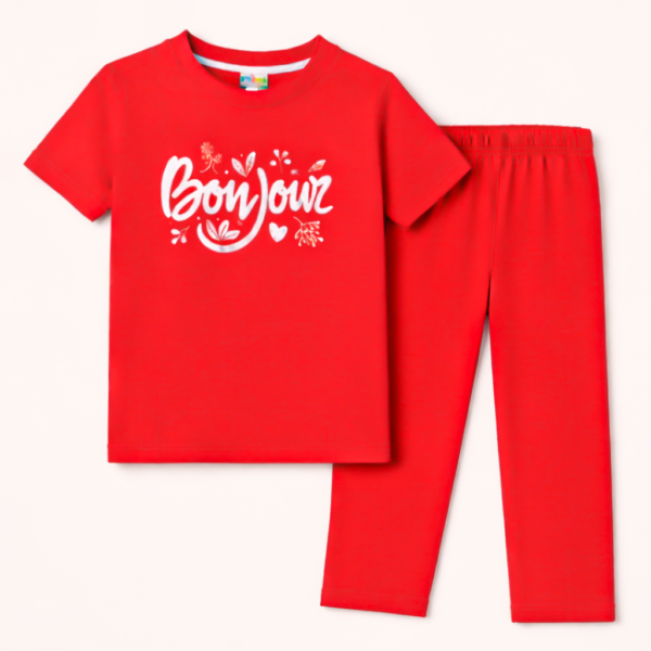 Kids Printed Cotton Half Sleeves Pajama Set Bonjour Red - Mini Charm