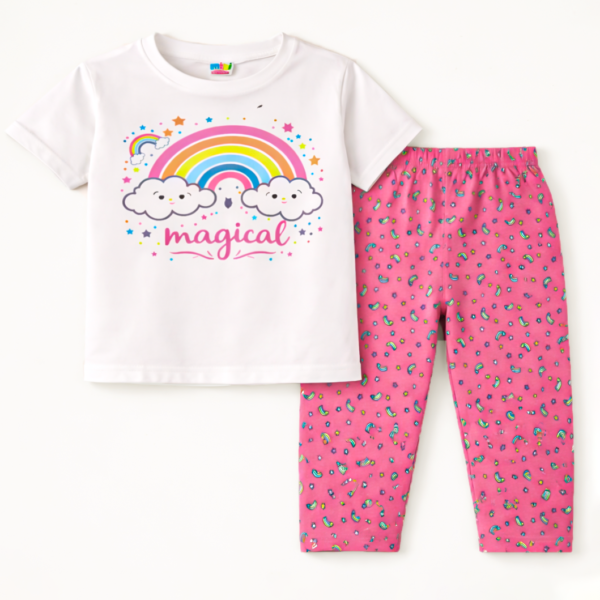 Kids Printed Cotton Half Sleeves Pajama Set Magical White - Mini Charm