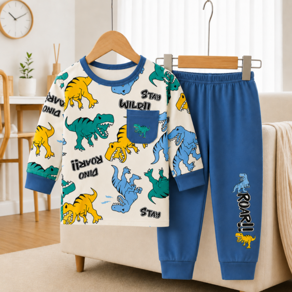 Kids Stretchable Cotton Pajama Set Dino Blue - Sunshine